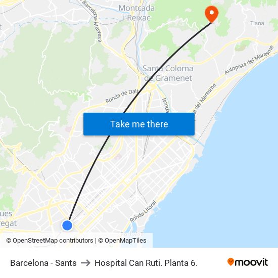 Barcelona - Sants to Hospital Can Ruti.  Planta 6. map