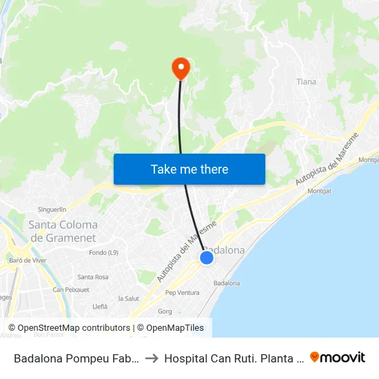Badalona Pompeu Fabra to Hospital Can Ruti.  Planta 6. map