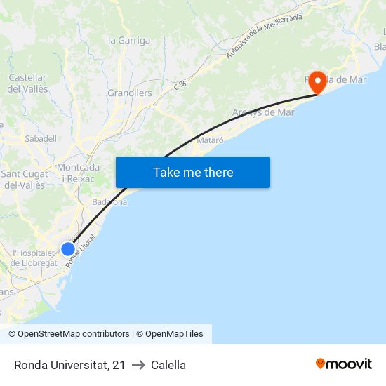 Ronda Universitat, 21 to Calella map