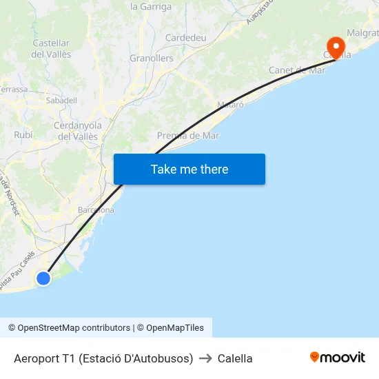 Aeroport T1 (Estació D'Autobusos) to Calella map