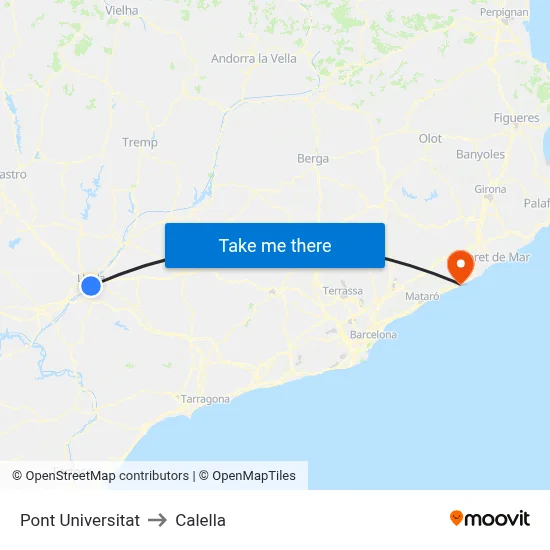 Pont Universitat to Calella map