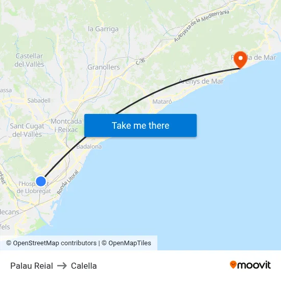 Palau Reial to Calella map