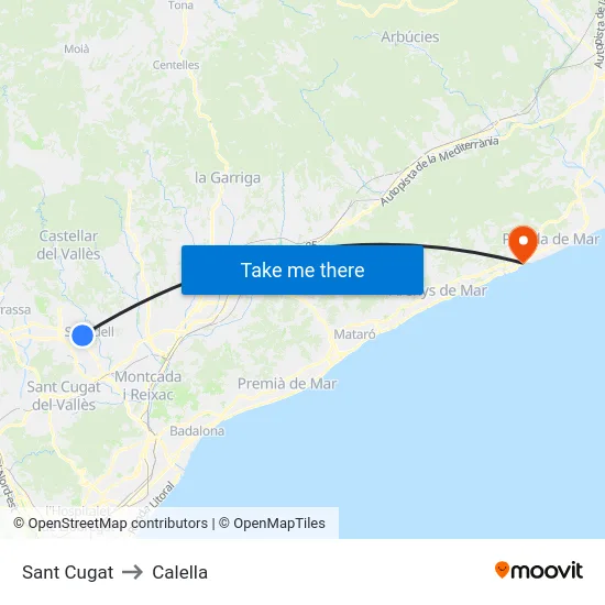 Sant Cugat to Calella map