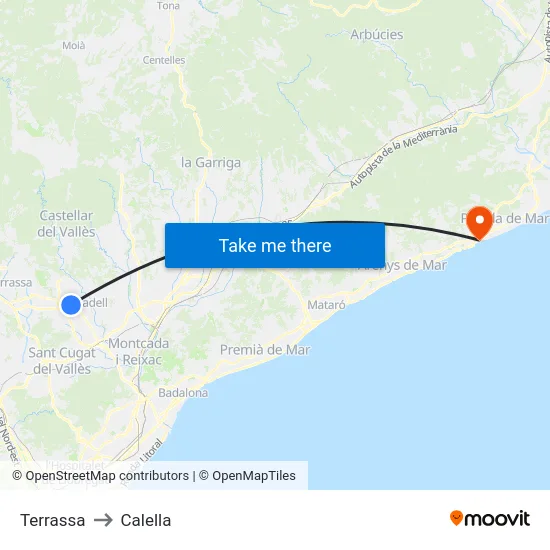 Terrassa to Calella map