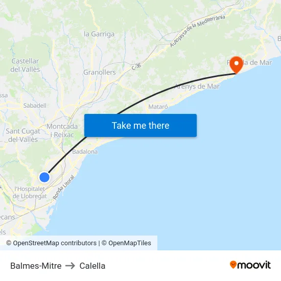 Balmes-Mitre to Calella map