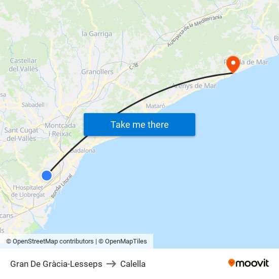 Gran De Gràcia-Lesseps to Calella map