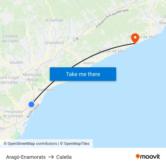 Aragó-Enamorats to Calella map