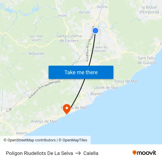 Polígon Riudellots De La Selva to Calella map