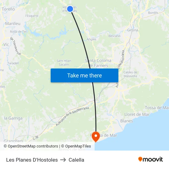 Les Planes D'Hostoles to Calella map