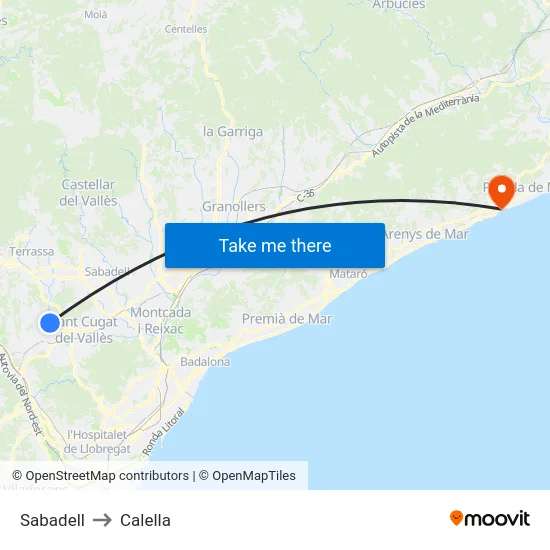 Sabadell to Calella map