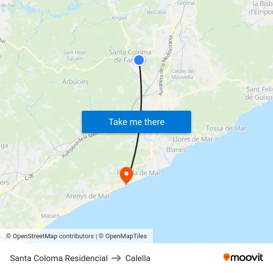 Santa Coloma Residencial to Calella map