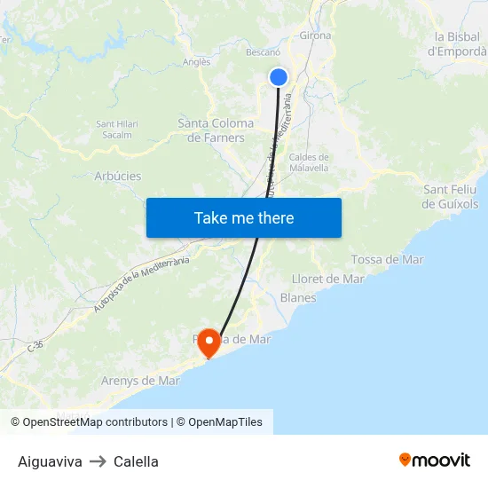 Aiguaviva to Calella map