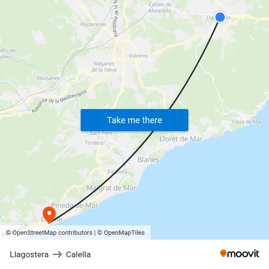 Llagostera to Calella map