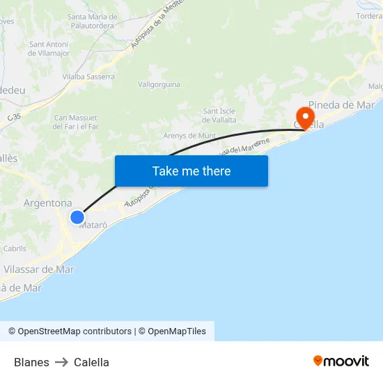 Blanes to Calella map