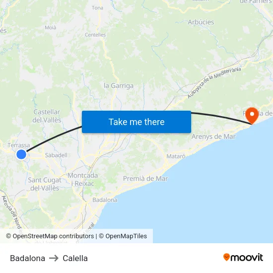 Badalona to Calella map