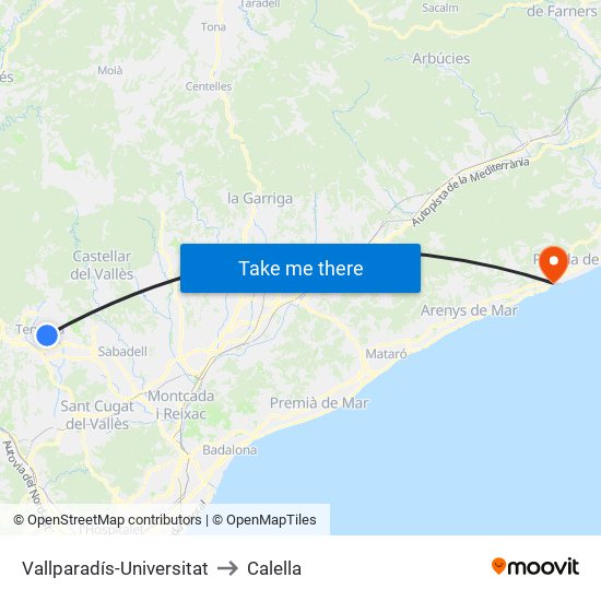 Vallparadís-Universitat to Calella map