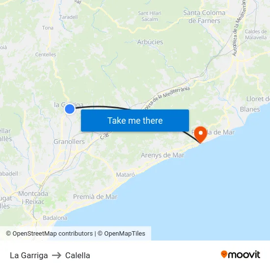 La Garriga to Calella map