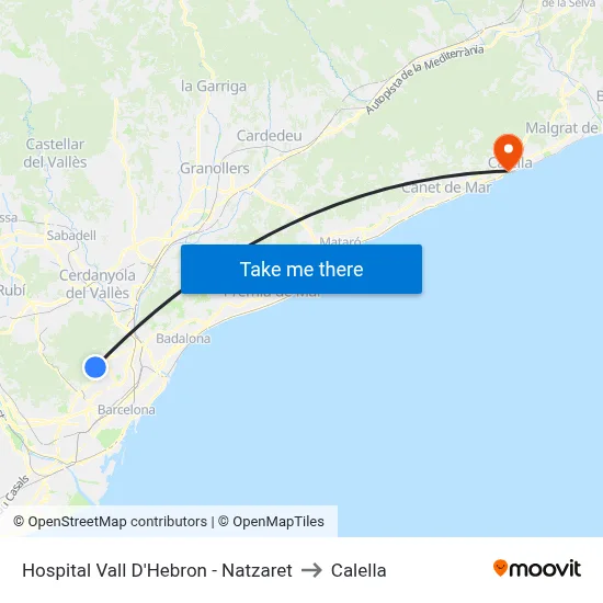 Hospital Vall D'Hebron - Natzaret to Calella map