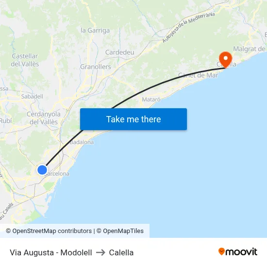 Via Augusta - Modolell to Calella map