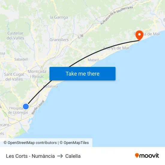 Les Corts - Numància to Calella map