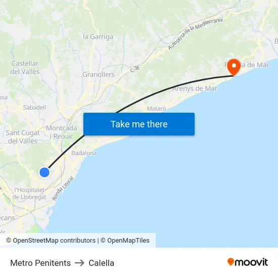 Metro Penitents to Calella map
