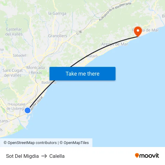 Sot Del Migdia to Calella map