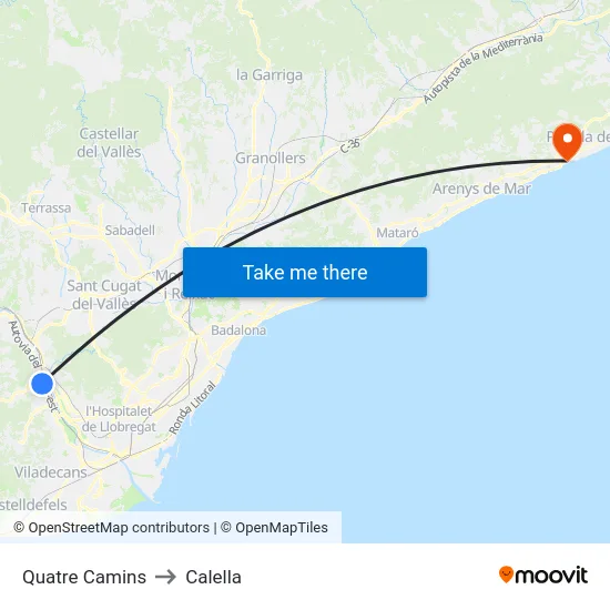 Quatre Camins to Calella map