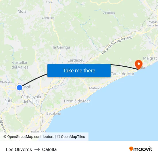 Les Oliveres to Calella map