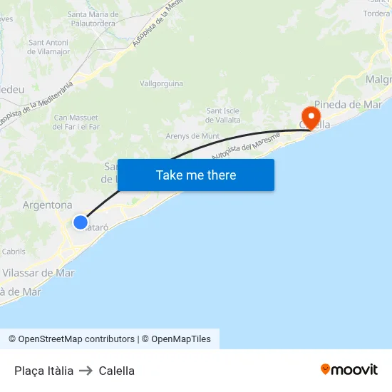 Plaça Itàlia to Calella map