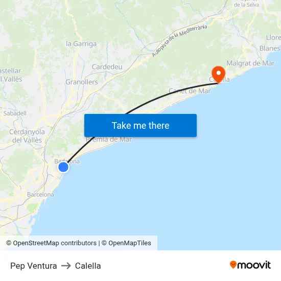 Pep Ventura to Calella map