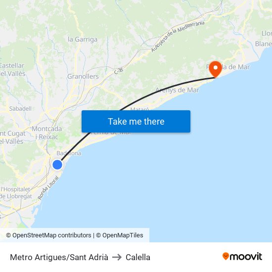 Metro Artigues/Sant Adrià to Calella map
