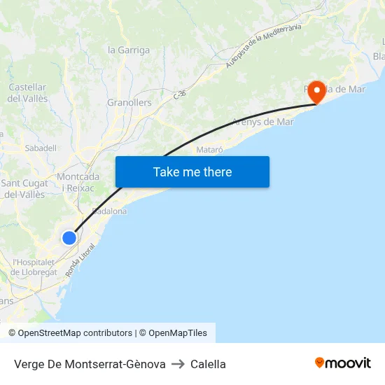 Verge De Montserrat-Gènova to Calella map