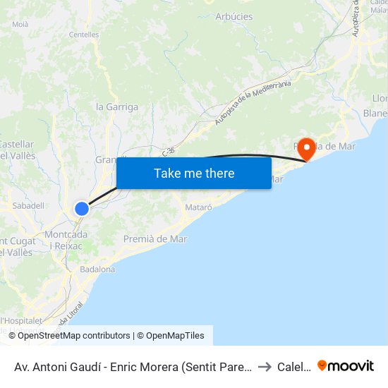 Av. Antoni Gaudí - Enric Morera (Sentit Parets) to Calella map