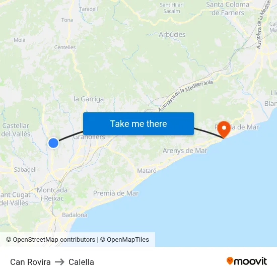 Can Rovira to Calella map