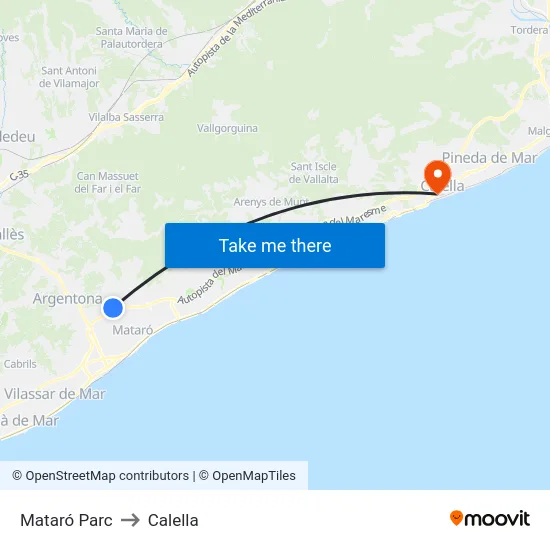 Mataró Parc to Calella map