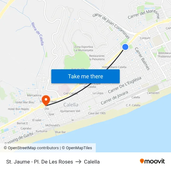 St. Jaume - Pl. De Les Roses to Calella map