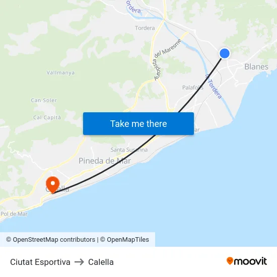 Ciutat Esportiva to Calella map