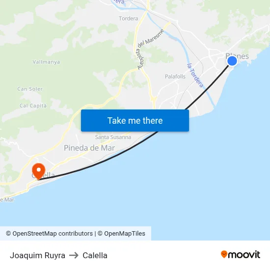 Joaquim Ruyra to Calella map