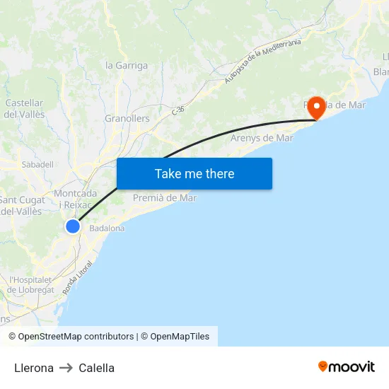 Llerona to Calella map