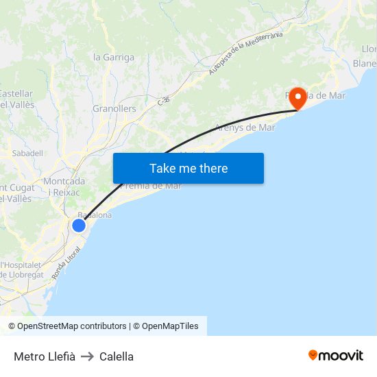 Metro Llefià to Calella map