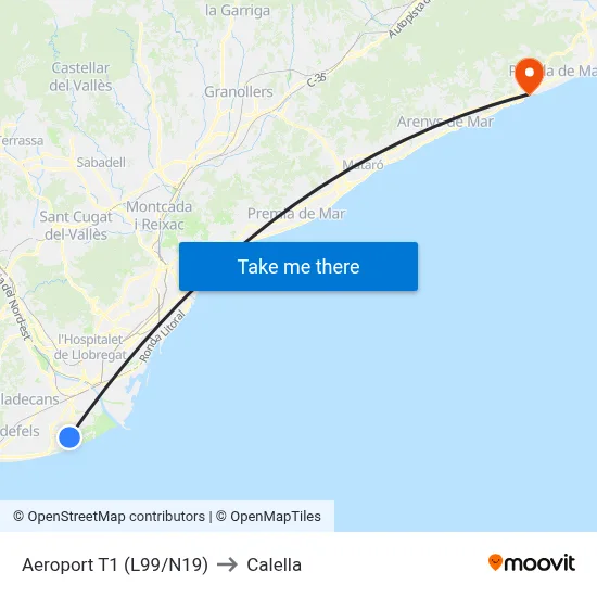 Aeroport T1 to Calella map