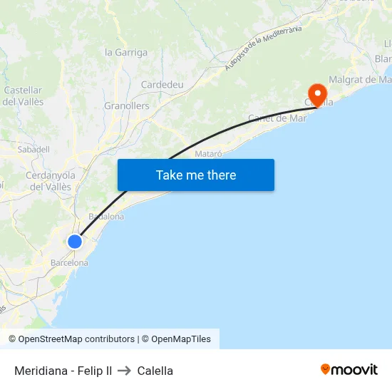 Meridiana - Felip Il to Calella map