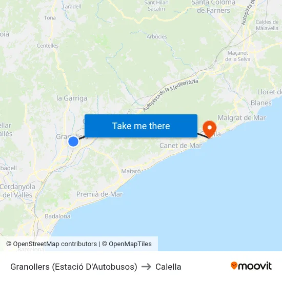 Granollers (Estació D'Autobusos) to Calella map