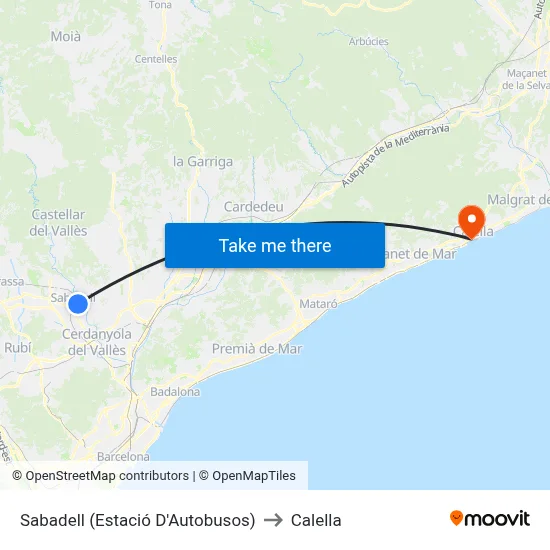 Sabadell (Estació D'Autobusos) to Calella map