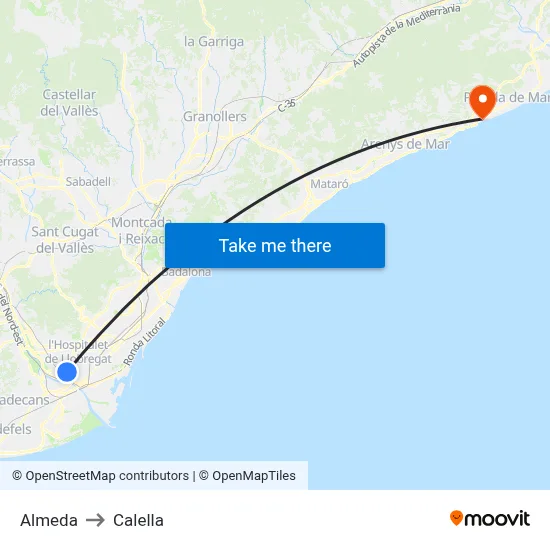 Almeda to Calella map