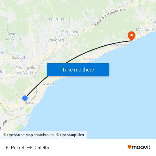 El Putxet to Calella map