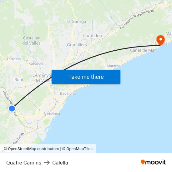 Quatre Camins to Calella map