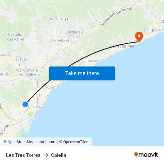 Les Tres Torres to Calella map