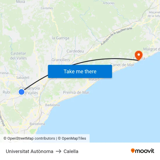 Universitat Autònoma to Calella map
