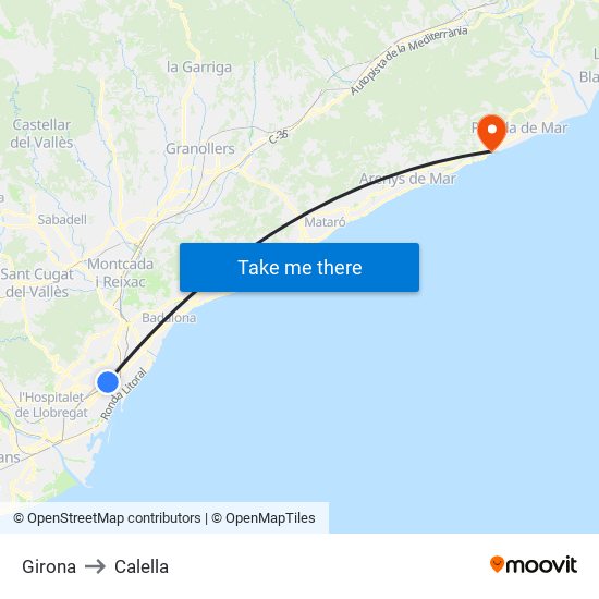 Girona to Calella map